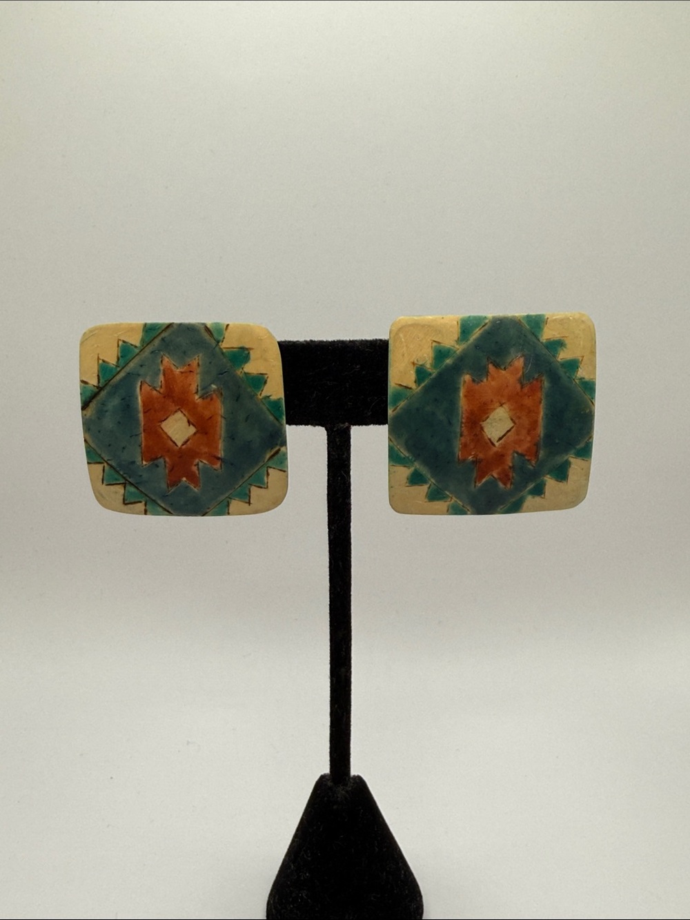 Vintage Southwestern Beige Square Large Statement Earrings